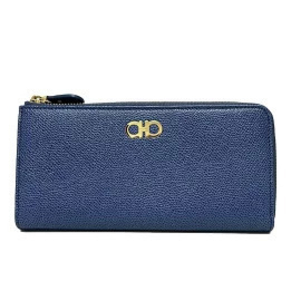 Salvatore Ferragamo Salvatore Gancini Long Wallet Blue x Gold Leather
